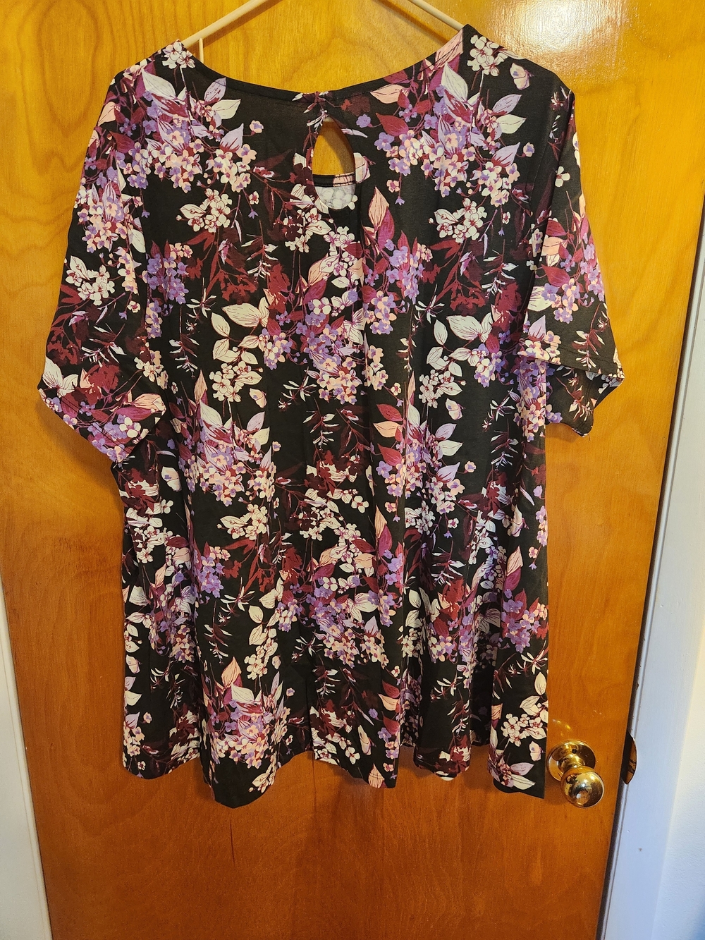 Roaman's Black Floral Short-Sleeve Tunic with Pink & Purple Blossoms - Picture 2 of 3